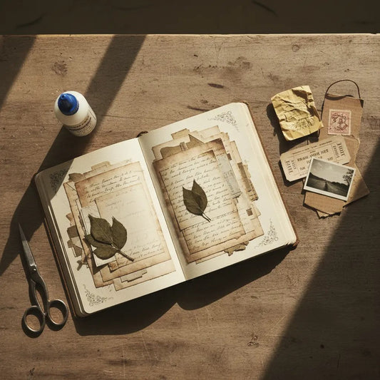 Overhead view of an open junk journal on a wooden desk with receipts, tickets, a small photo and packaging pieces laid out beside a glue bottle and scissors in warm light.