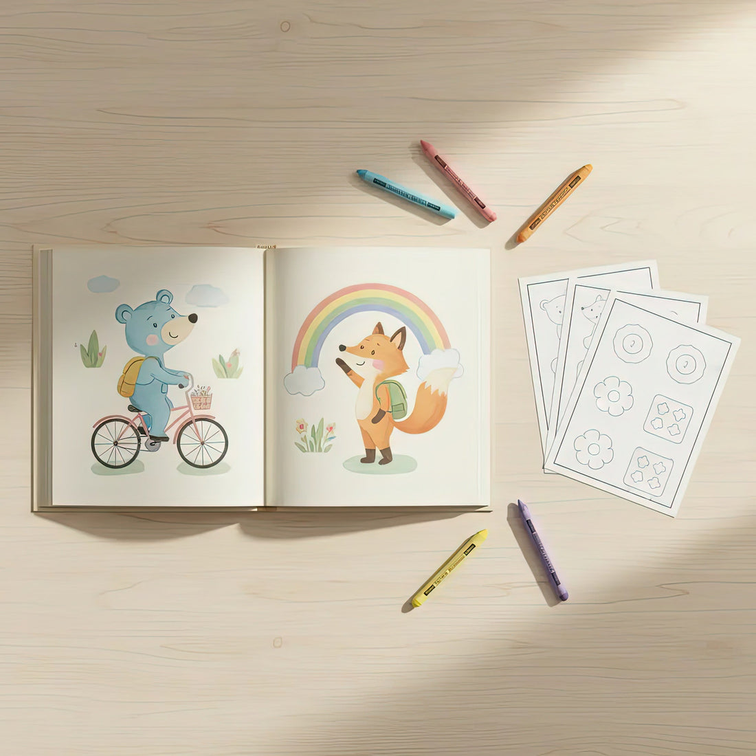 Flat-lay of an open children’s picture book with a blue bear on a bicycle and a fox under a rainbow, next to simple outline activity pages and scattered crayons on a light wooden desk.