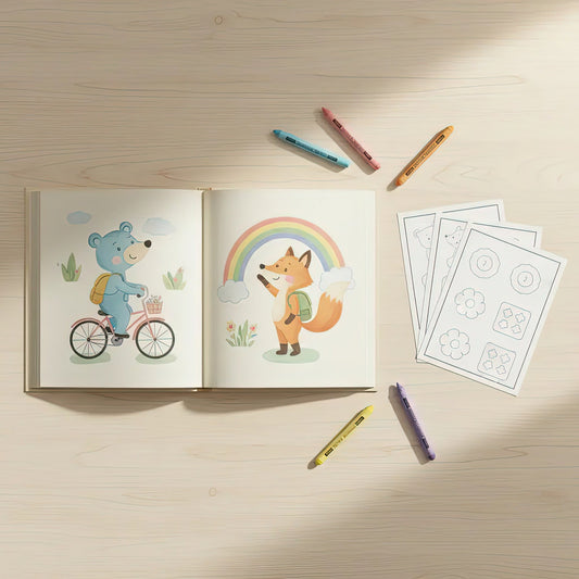 Flat-lay of an open children’s picture book with a blue bear on a bicycle and a fox under a rainbow, next to simple outline activity pages and scattered crayons on a light wooden desk.