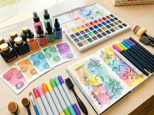 Mixed media inks and paper crafting supplies arranged on a bright craft desk.