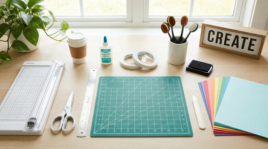 Essential beginner paper crafting tools including paper trimmer, scissors, cutting mat, adhesives, and cardstock.