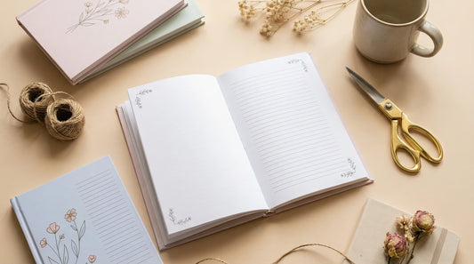 Pastel paperback books with clipart covers and an open lined interior page on a cozy desk, surrounded by scissors and twine.