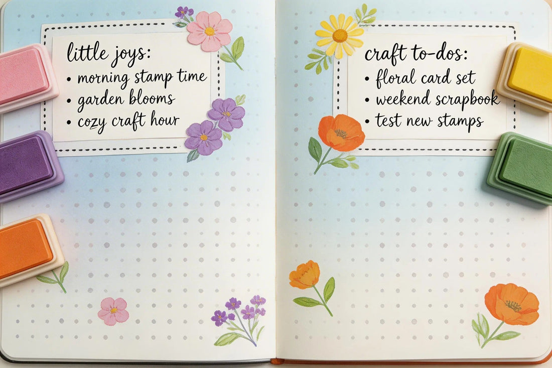 Open journal spread with floral doodles and handwritten “little joys” and “craft to-dos” lists, surrounded by colorful ink pads.