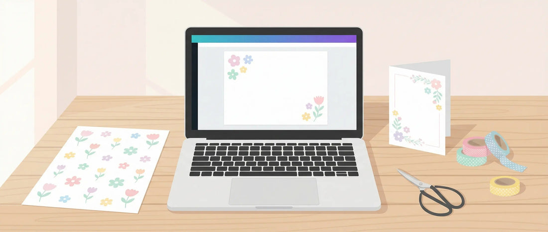 Cozy pastel craft desk with a laptop design canvas, printed floral clipart sheet, and finished greeting card with scissors and washi tape.