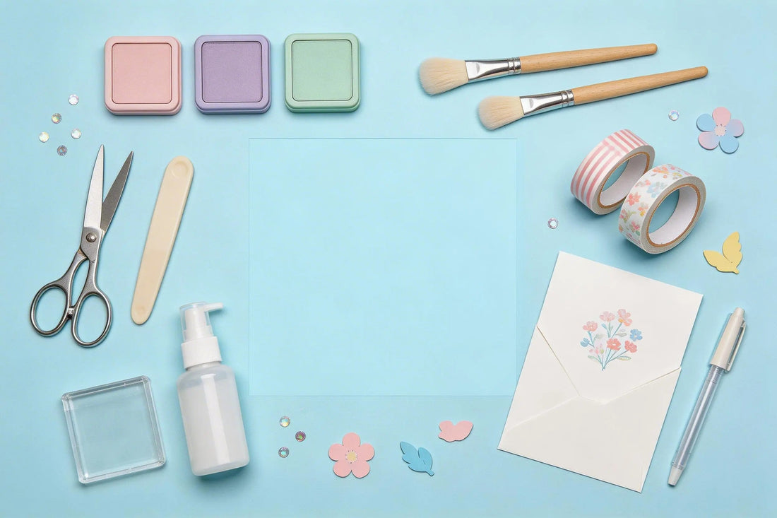 Flat lay of pastel cardmaking supplies on a blue background, including ink pads, blending brushes, washi tape, scissors, acrylic block, spray bottle, and a floral envelope.