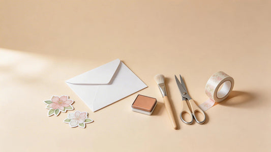 Handmade floral card in progress on a craft desk with ink pads and blending brushes.