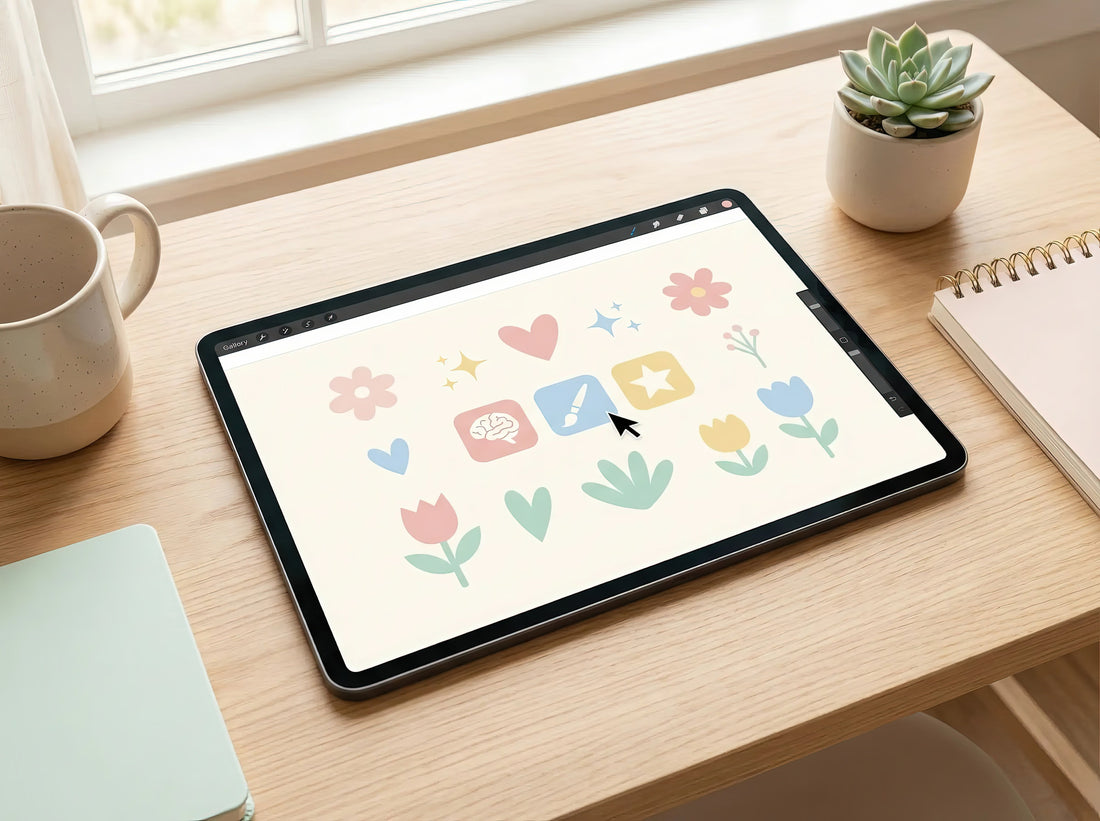 Tablet on a wooden desk showing floral clipart inside a design app, surrounded by a notebook and pencil, representing using AI tools with digital clipart.