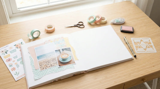 Scrapbooking essentials flat lay with patterned paper, photos, washi tape, scissors, tape runner, pen, ink pad, and stencil.
