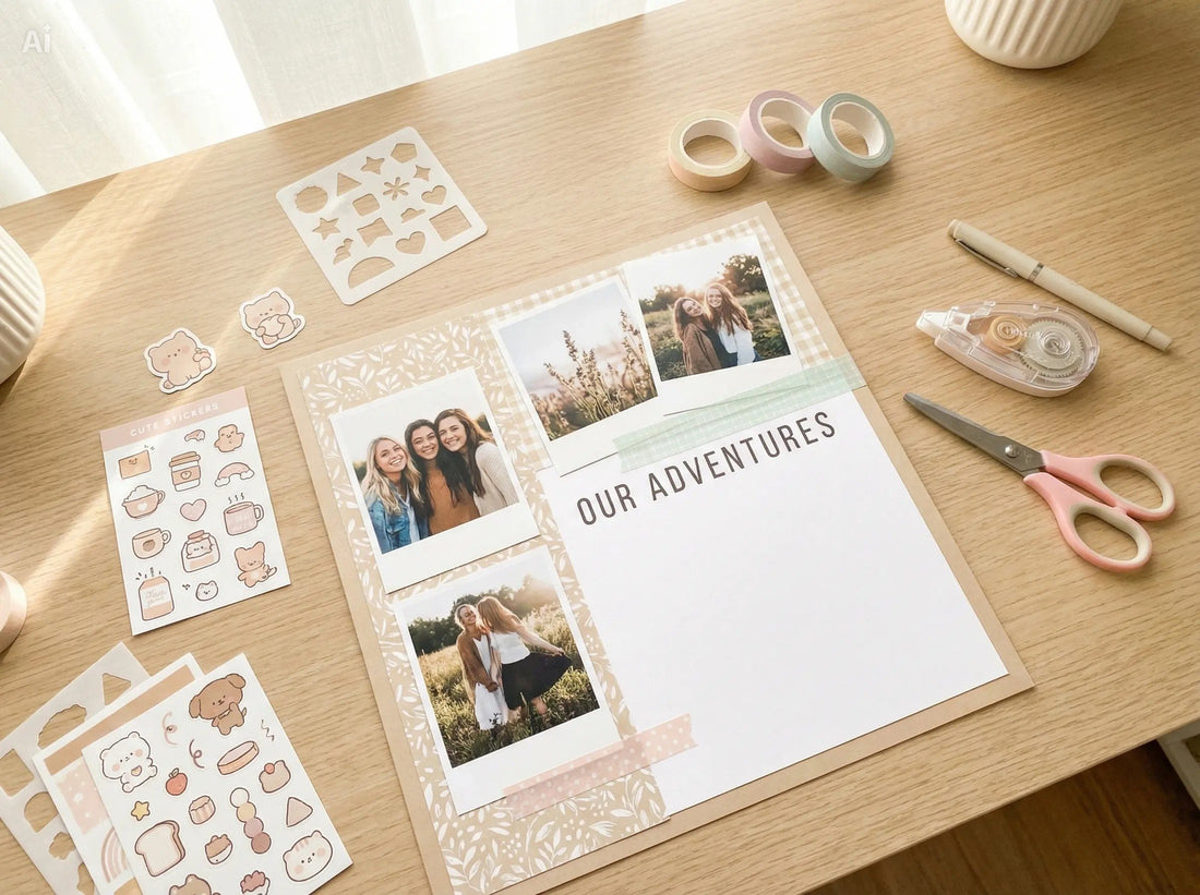 Scrapbooking supplies on a desk with a scrapbook page, photos, patterned paper, washi tape, stickers, scissors, and tape runner.