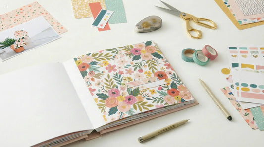 Flat-lay of a scrapbook workspace with an open album, photos, patterned papers, scissors, glue, washi tape, stickers, and pens.