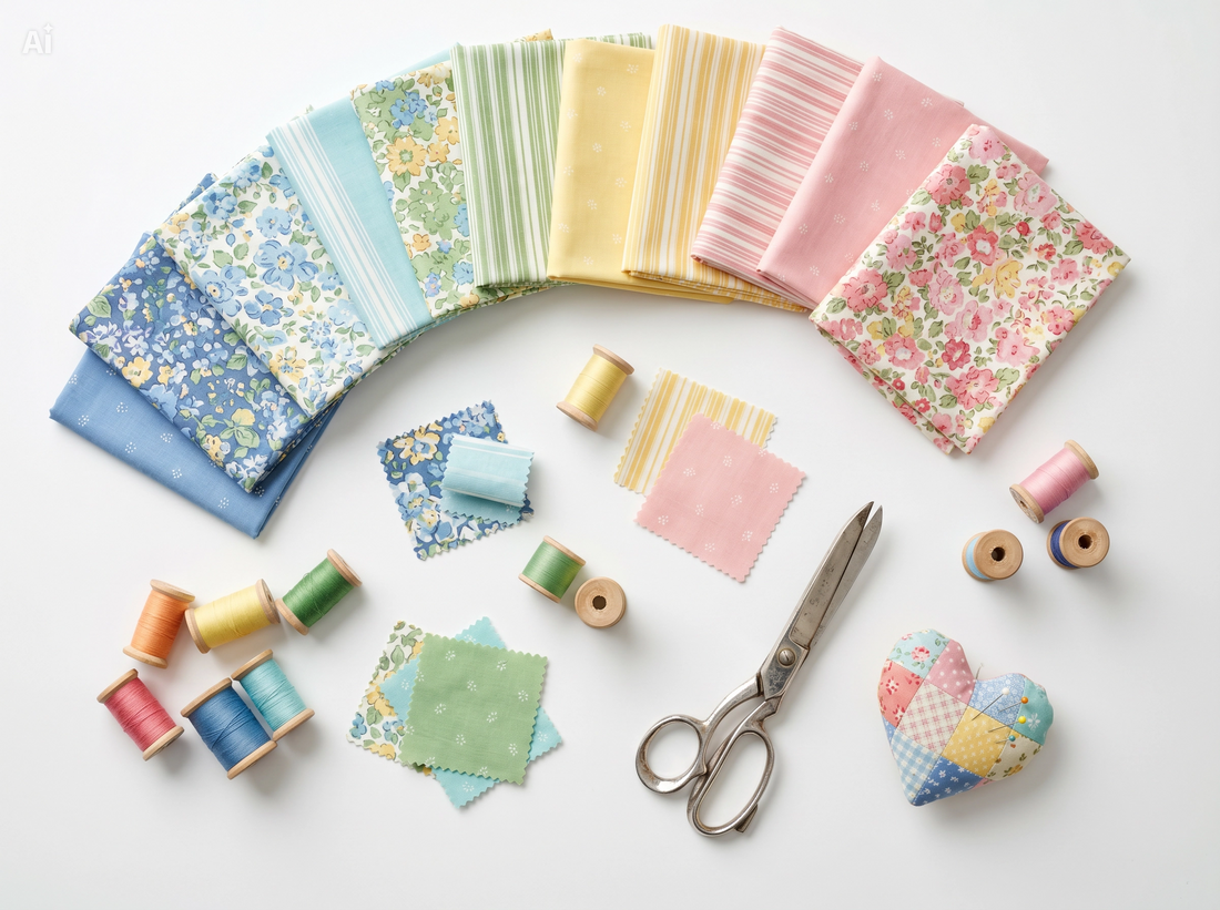 Colorful fabric fat quarters with sewing supplies and handmade fabric crafts for beginners.