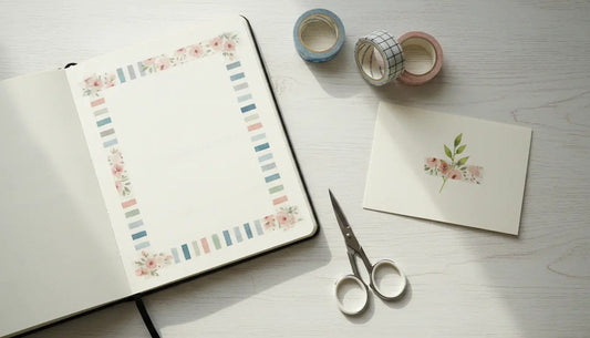 Flat lay of patterned washi tape rolls with a journal and handmade card.