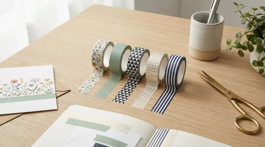 Five washi tape rolls in floral, solid, geometric, gold foil, and stripe patterns on a craft desk.