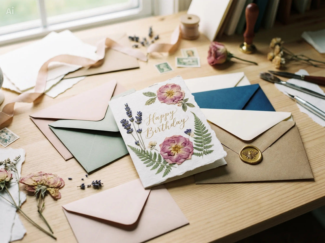 Handmade floral greeting card with colorful envelopes and a kraft envelope sealed with gold wax.