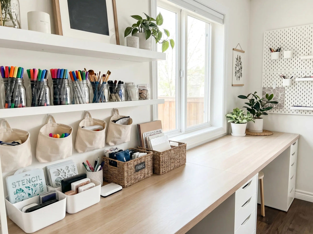 Neatly organized craft supplies in jars, pouches, and labeled storage containers on a bright craft desk.