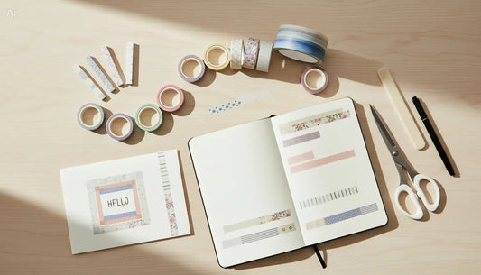 Washi tape rolls in multiple sizes beside a handmade card and journal page decorated with tape.
