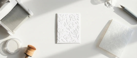 Flat lay of an embossed card panel with a 3D embossing folder, ink pad, and heat embossing tools on a clean craft workspace.