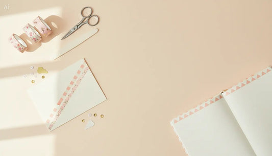 Pastel flat lay of washi tape rolls, scissors, and a handmade card with simple washi tape accents.