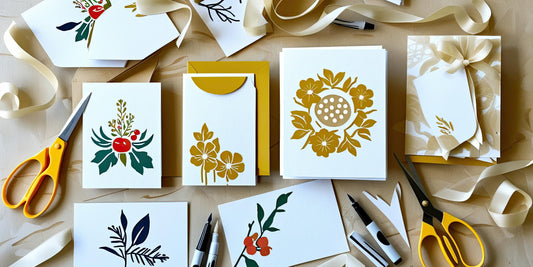 Handmade greeting cards with floral and botanical designs, surrounded by crafting supplies like scissors, ribbons, markers, and paper cutouts on a wooden surface.