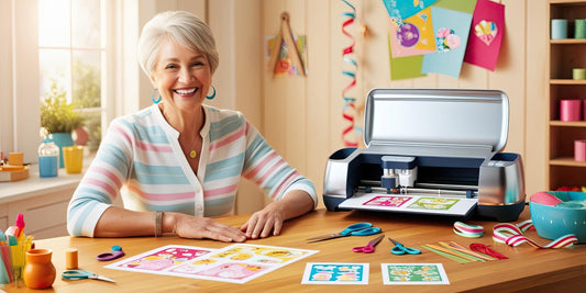 Smiling woman crafting with a cutting machine, surrounded by colorful printed digital clipart, scissors, ribbons, and crafting tools in a bright creative workspace.