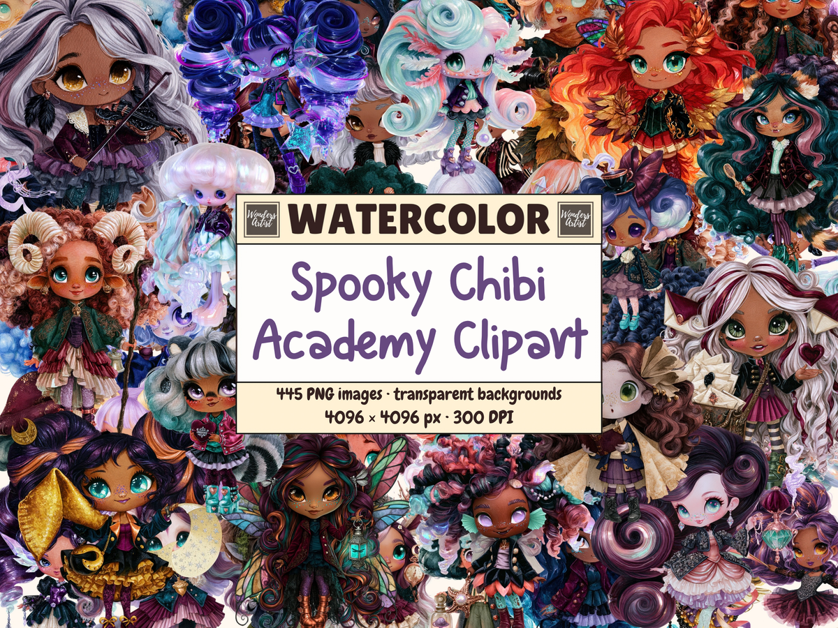 Spooky Chibi Academy Watercolor Clipart — cover