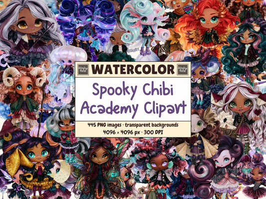 Spooky Chibi Academy Watercolor Clipart — cover