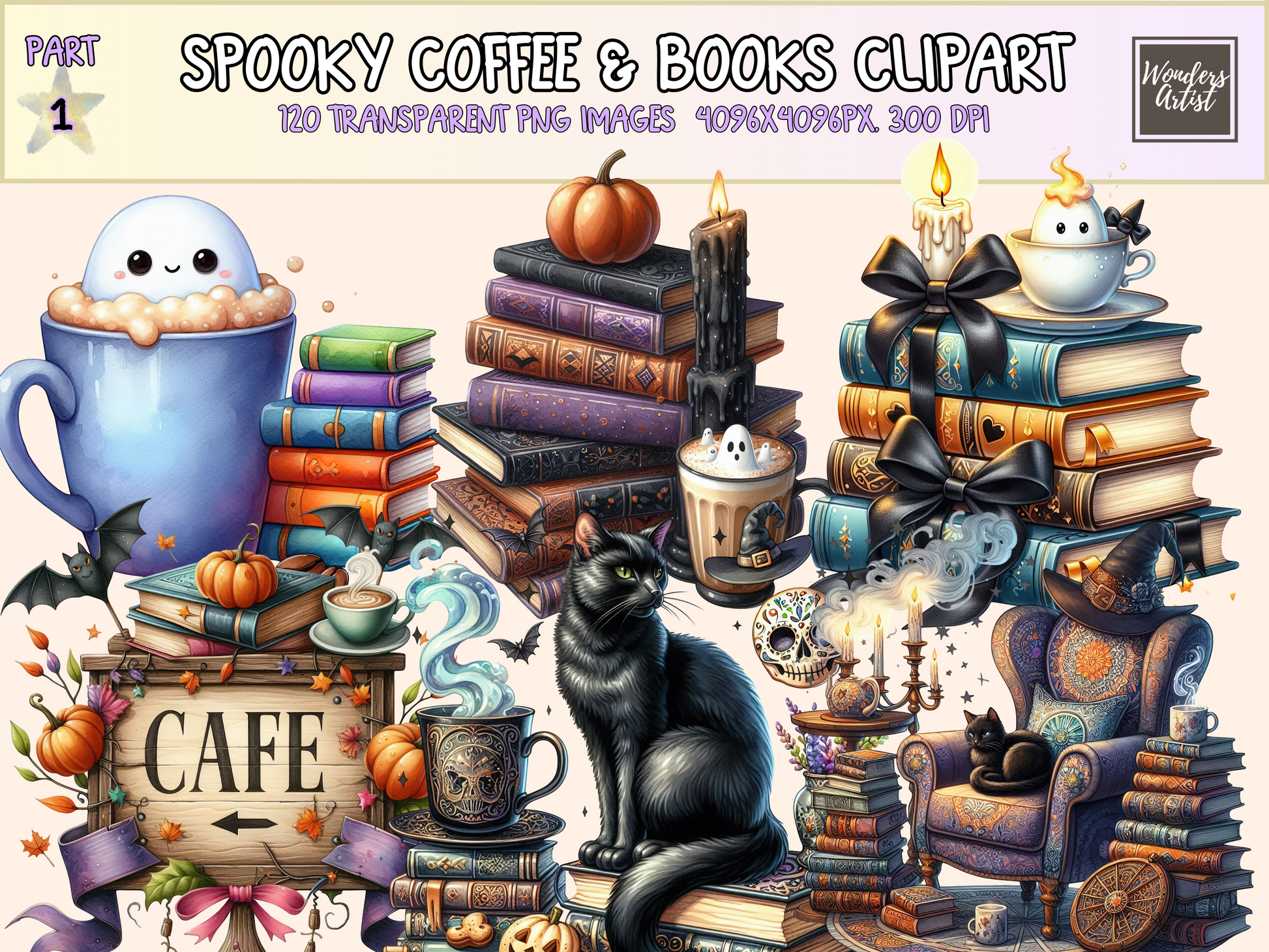 Spooky Coffee & Books Clipart