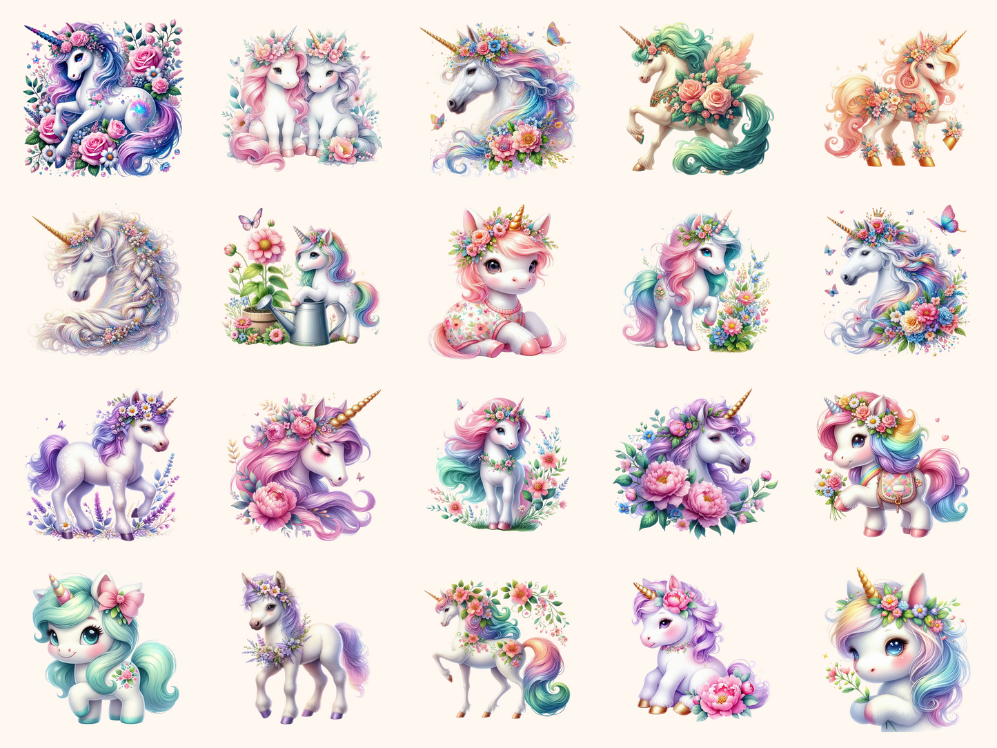 Floral Unicorns Clipart
