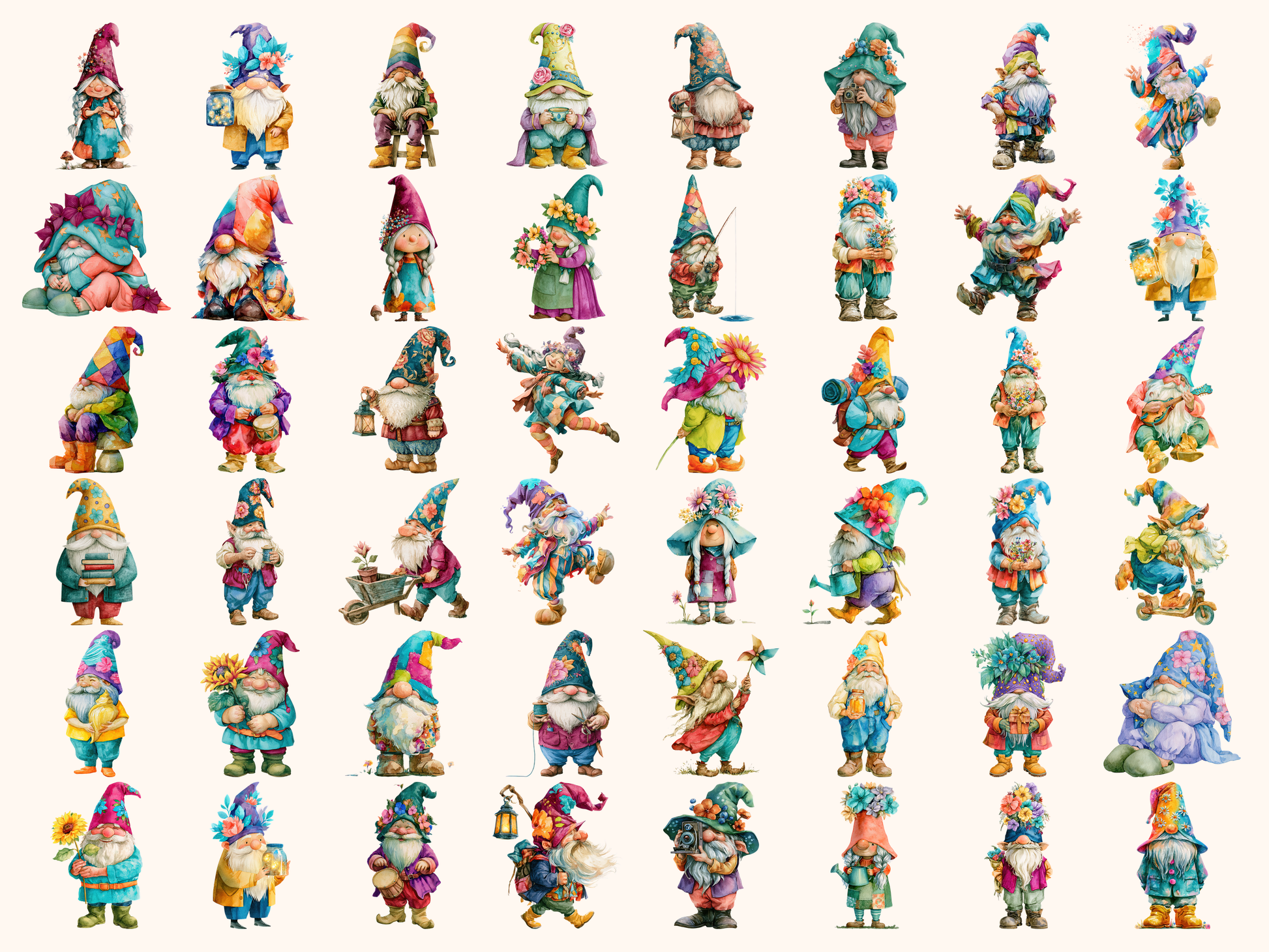 Colorful Gnomes Watercolor Clipart