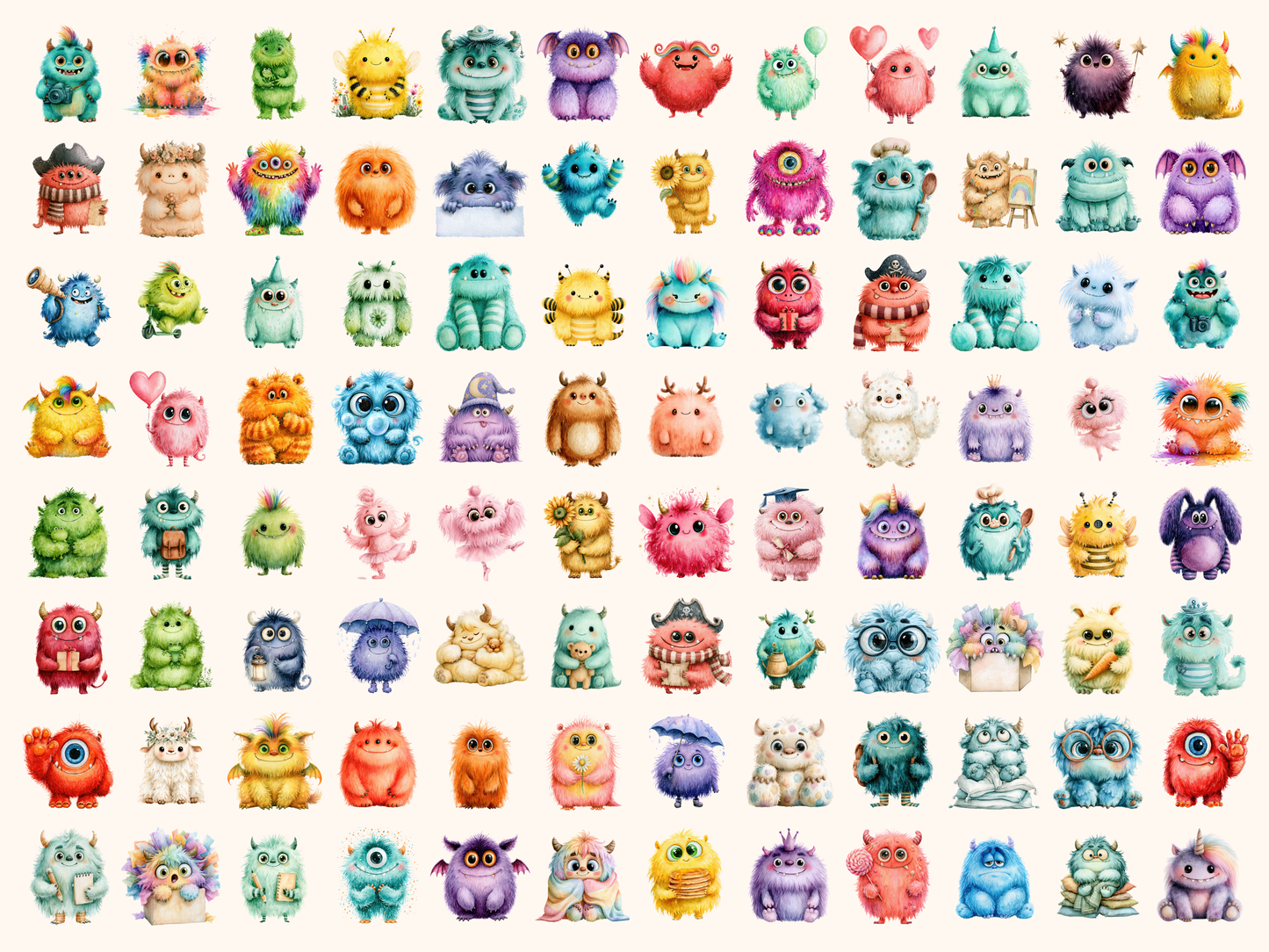 Fluffy Monsters Watercolor Clipart