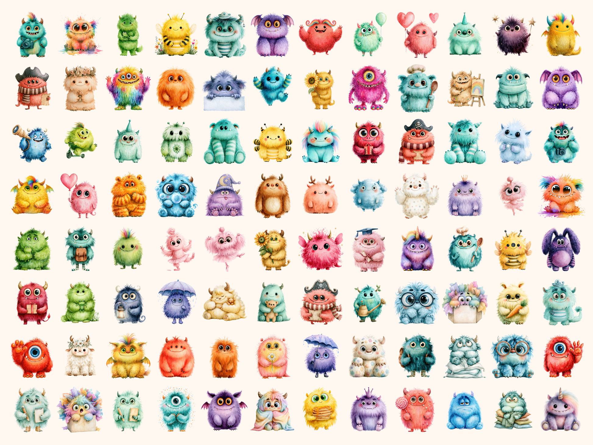 Fluffy Monsters Watercolor Clipart
