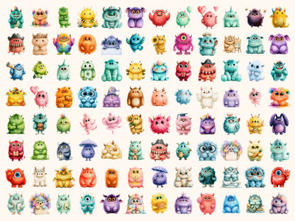 Fluffy Monsters Watercolor Clipart