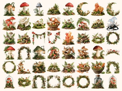 Mushroom Forest Watercolor Clipart