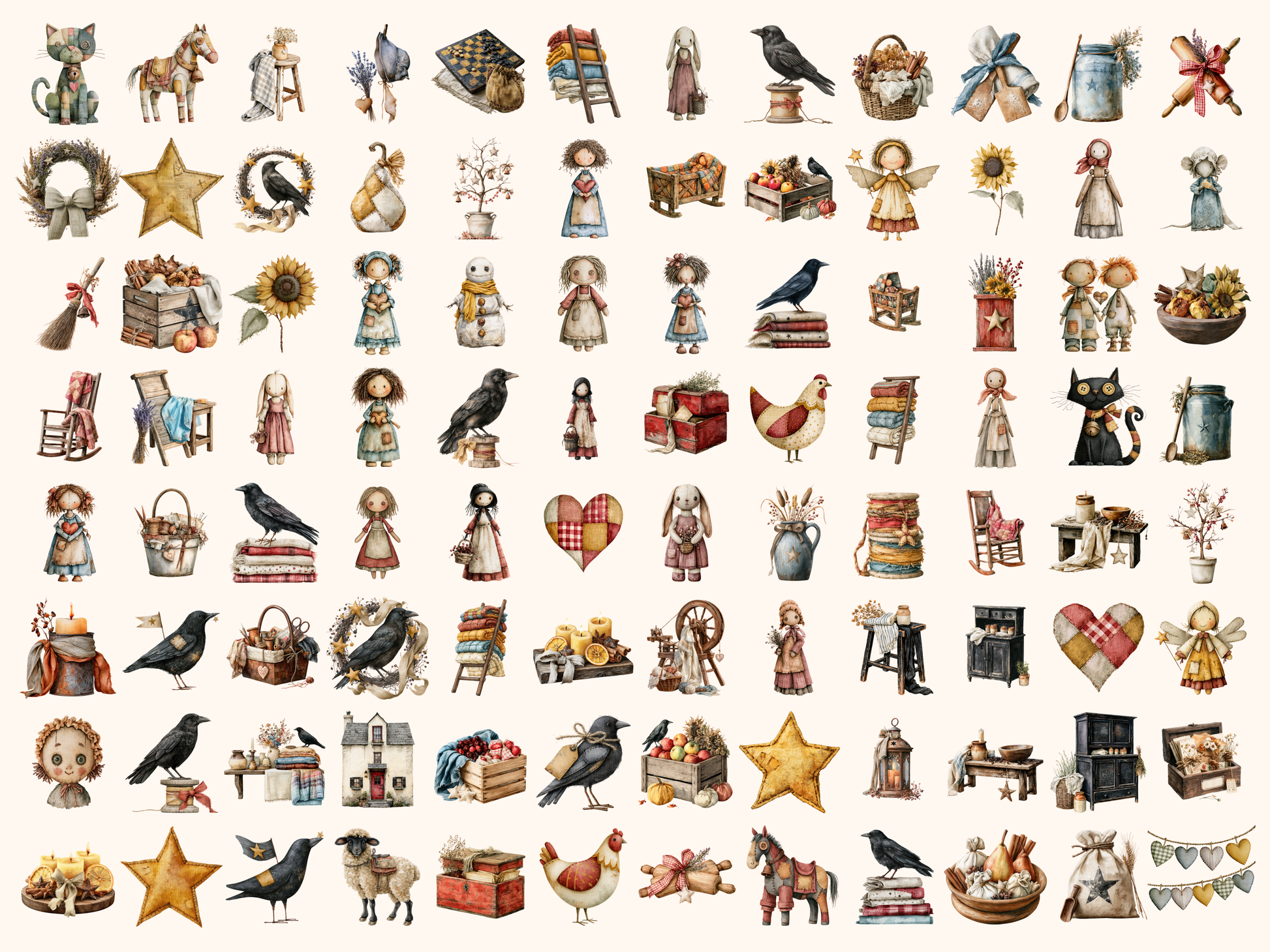 Primitive Country Watercolor Clipart