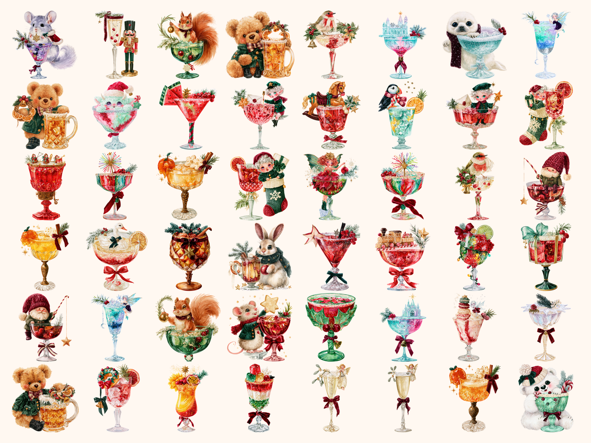 Christmas Cocktails Watercolor Clipart — listing preview 1