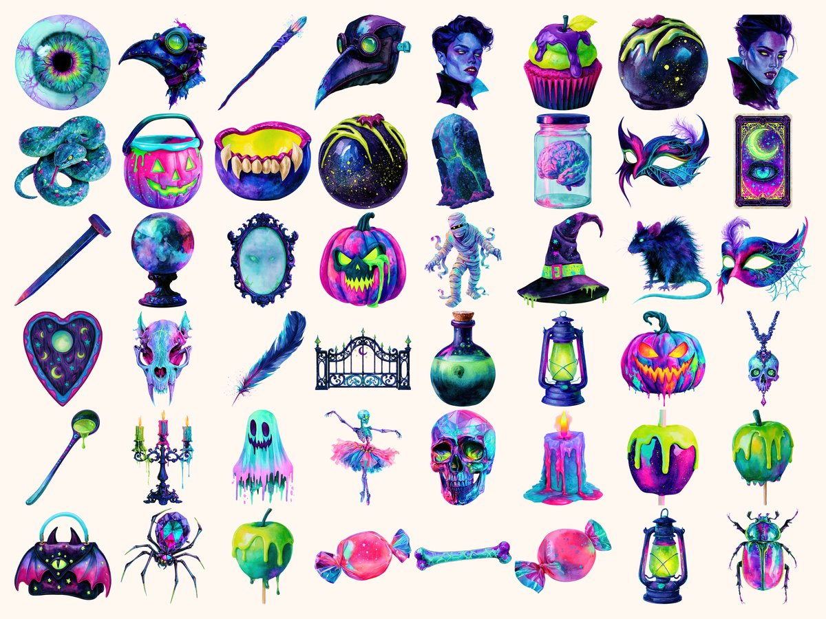 Neon Halloween Watercolor Clipart