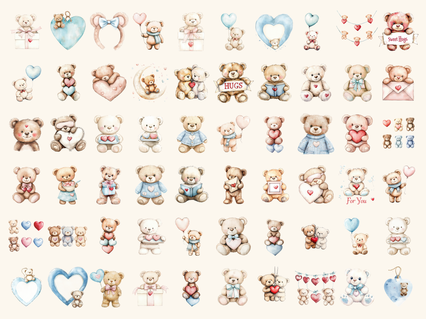 Teddy Hearts Watercolor Clipart