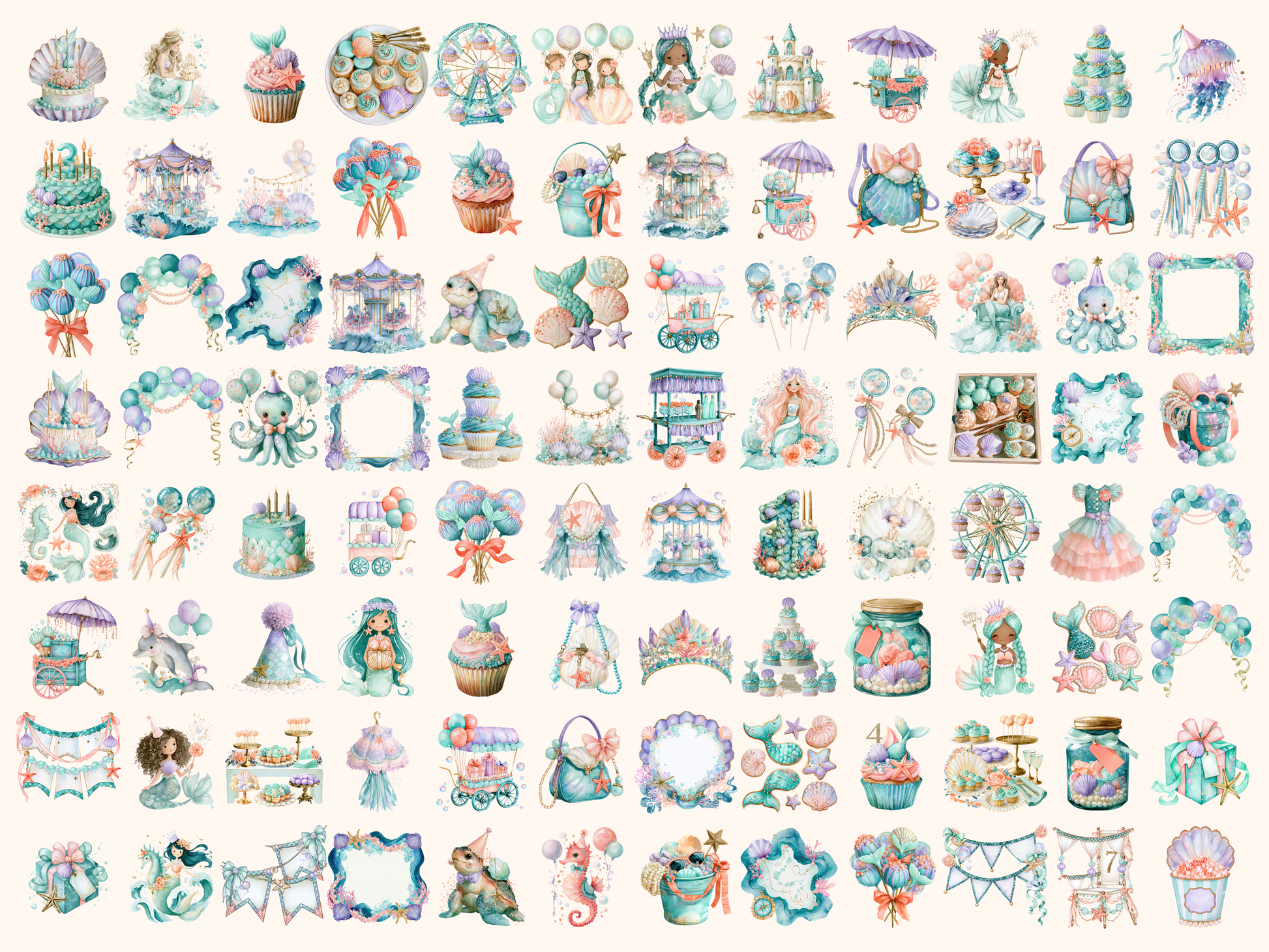 Mermaid Birthday Watercolor Clipart
