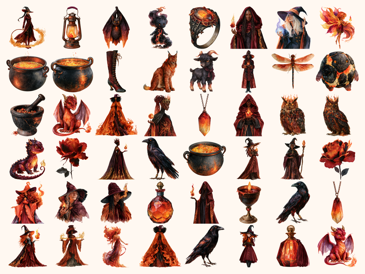 Fire Witches Watercolor Clipart