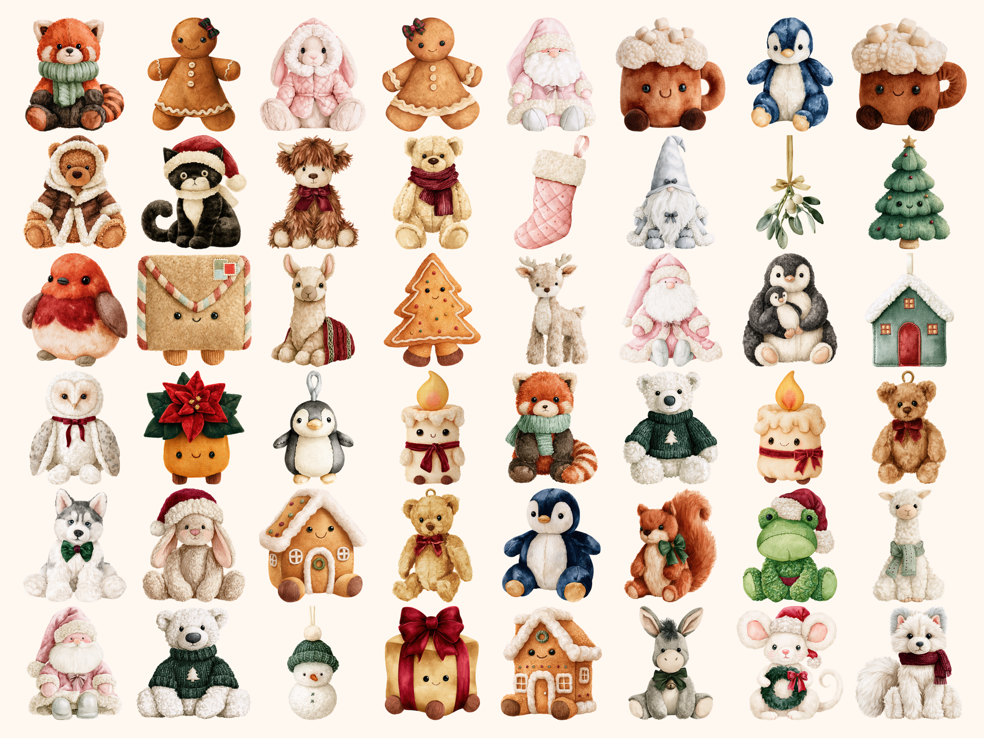 Christmas Plushies Watercolor Clipart