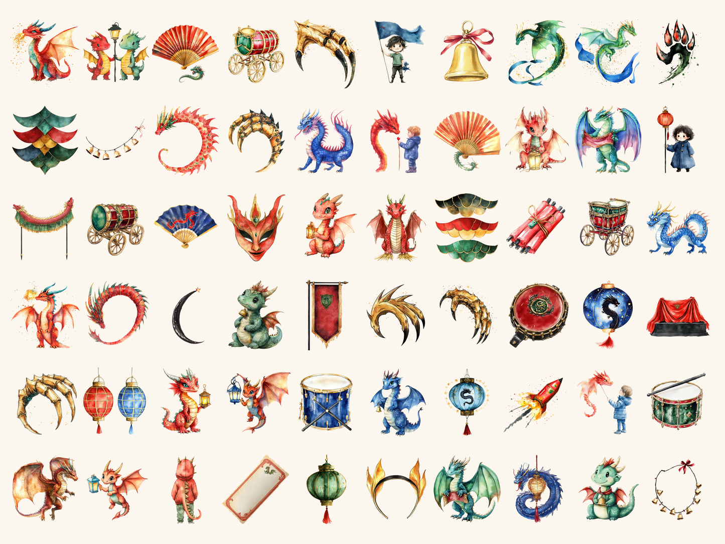 Dragon Parade Watercolor Clipart