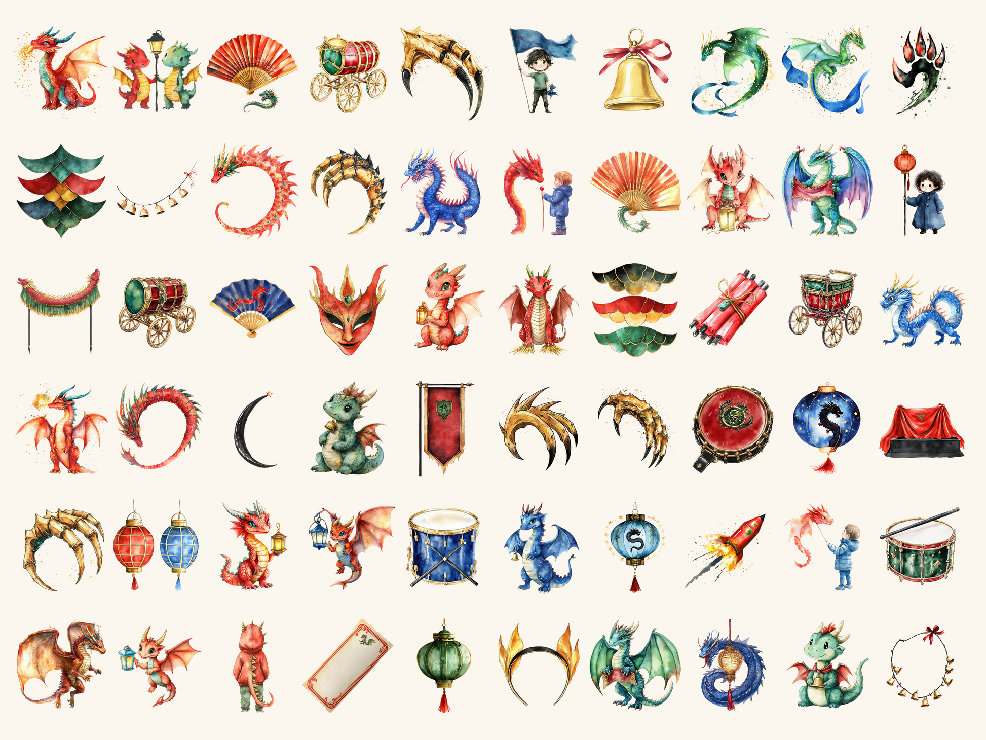 Dragon Parade Watercolor Clipart