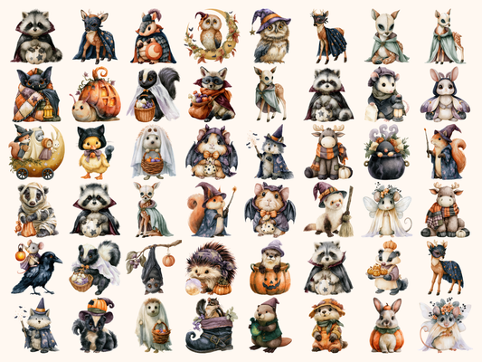 Halloween Woodland Animals Watercolor Clipart