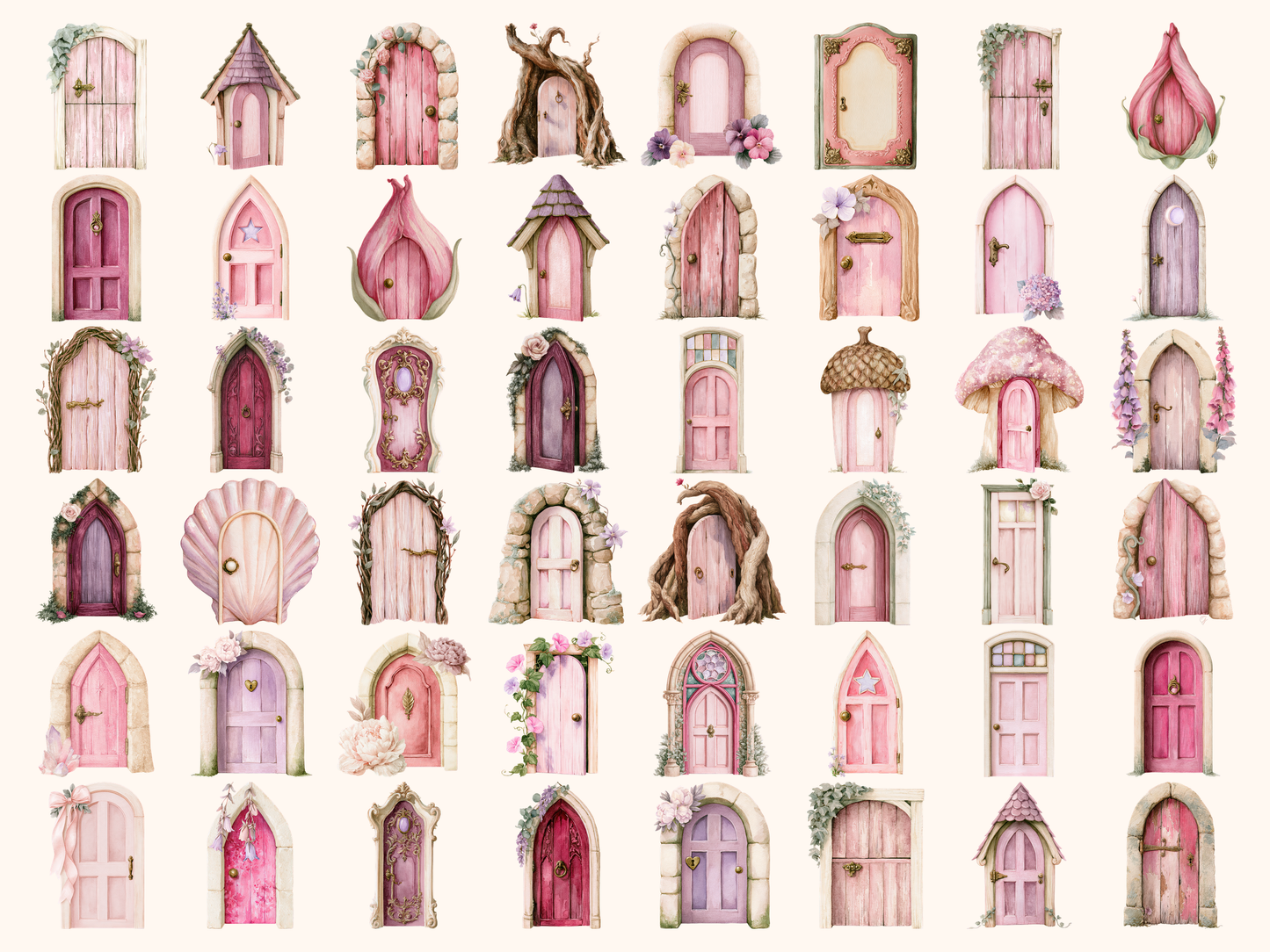 Pink Fairy Doors Watercolor Clipart