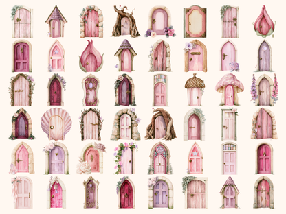 Pink Fairy Doors Watercolor Clipart