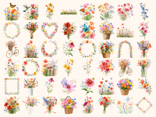 Rainbow Wildflowers Watercolor Clipart