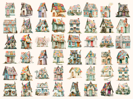 Patchwork Cottage Watercolor Clipart