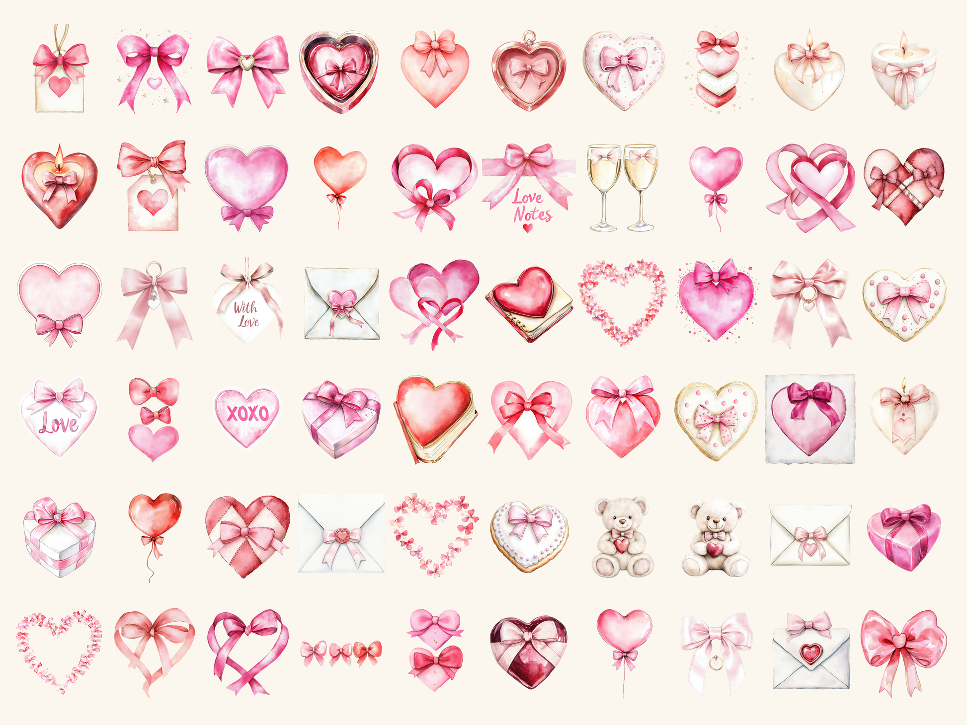 Bow Hearts Watercolor Clipart