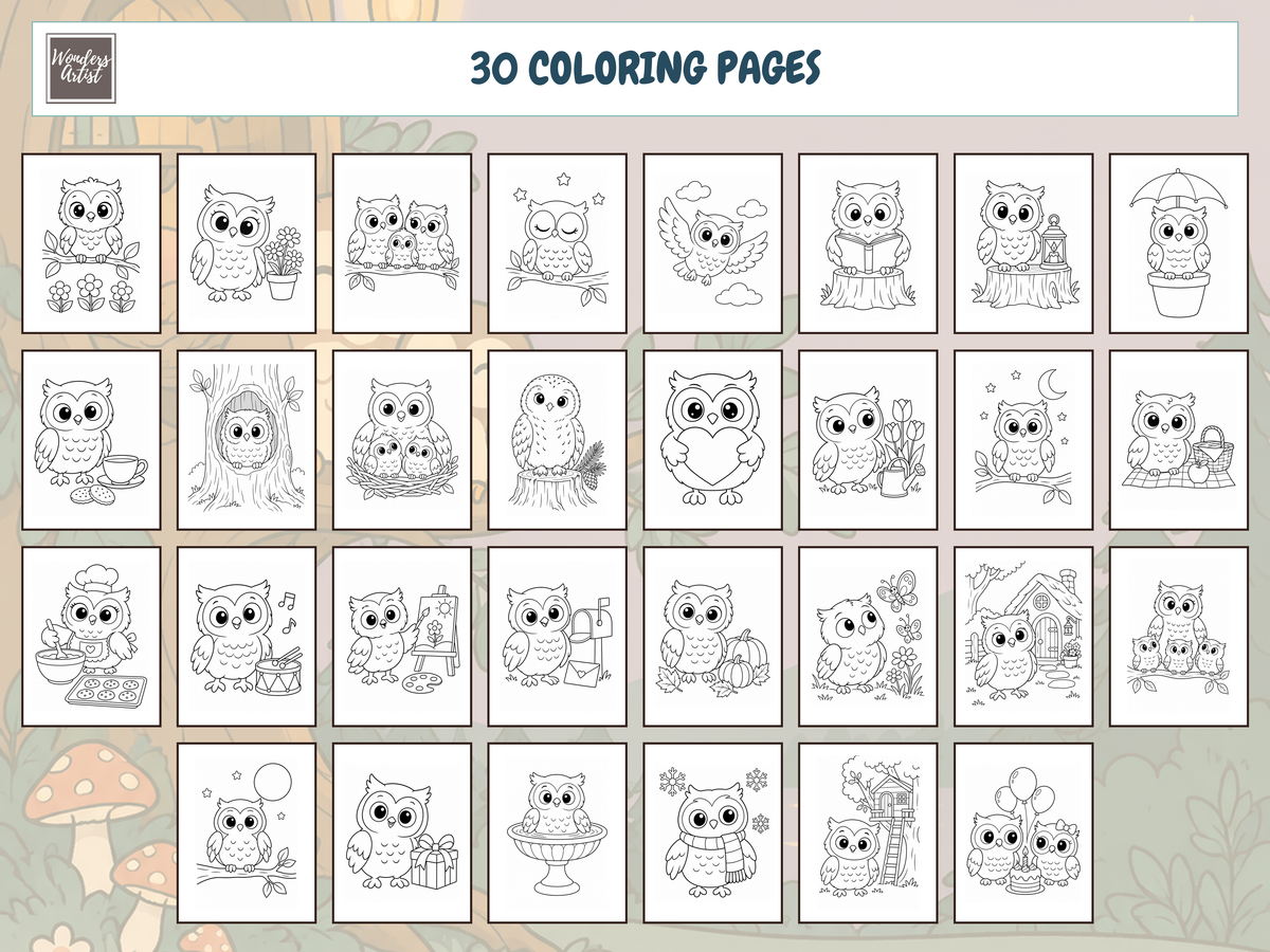 Owls Coloring Book — ALL 30 COLORING PAGES