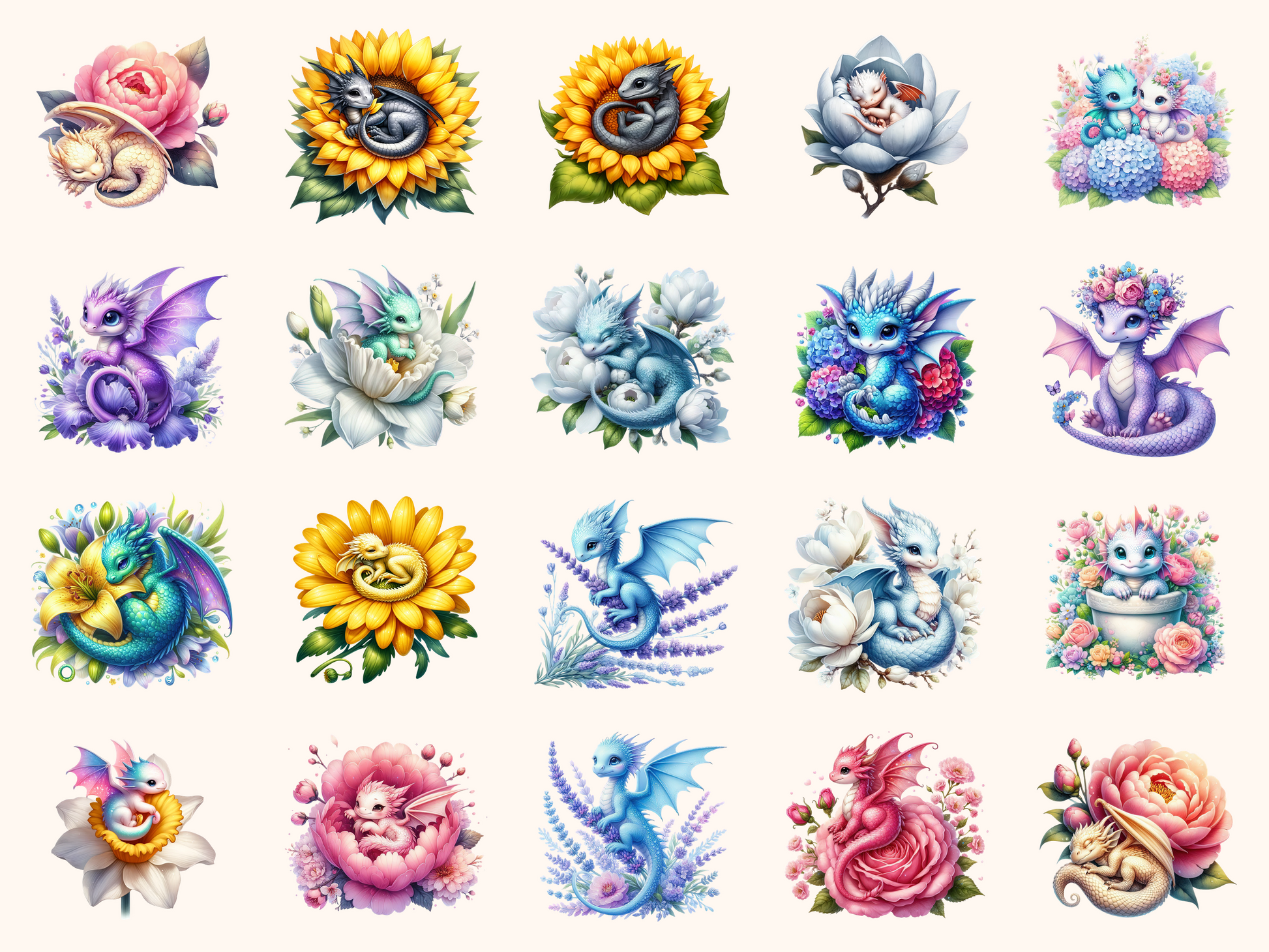 Floral Baby Dragons Clipart